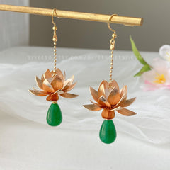 Lotus Earrings Flower Earrings - floral Dangle Drop Earrings - 3D flower - teardrop jade charm