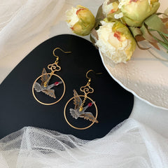 Crane Earrings with Clouds and Waves - Japanese Crane Asymmetrical unique earrings Dangle - Oriental earrings