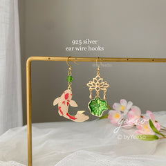 Lotus and Fish Earrings, Lily pad and Lotus flower dangle earrings, water lily Lotus earrings