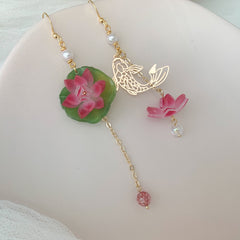 Lily pad and Lotus flower dangle earrings, water lily Lotus earrings, Lotus and fish Earrings, Pink Lotus Flowers on Lotus Leave
