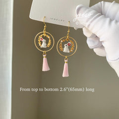Bunny and Pink Tassel Earrings, Pink Sakura Cherry Blossom Earrings, Japanese Sakura bunny Earrings, Cherry Blossom rabbit Earrings