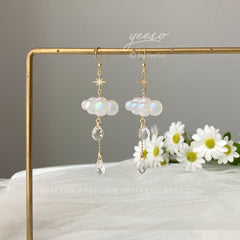 Celestial Rain Cloud Earrings Dangle - Fun white Cloud long drop earrings