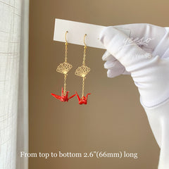 Japanese Crane and Fan Unique Earrings - Resin Coated Origami Japanese Paper Crane Earrings Dangle