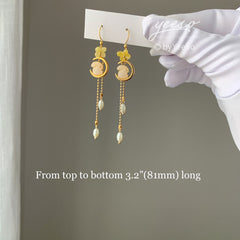 Moon Bunny Blossom Earrings - Celestial rabbit Pearl Earrings - Japanese gold Osmanthus Floral Earring