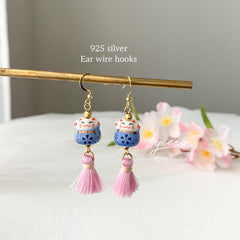 Kitty Cat and Tassel Earrings, Pink Cherry Blossom Tassel Earrings, Kitty Wind Chime Earring dangle