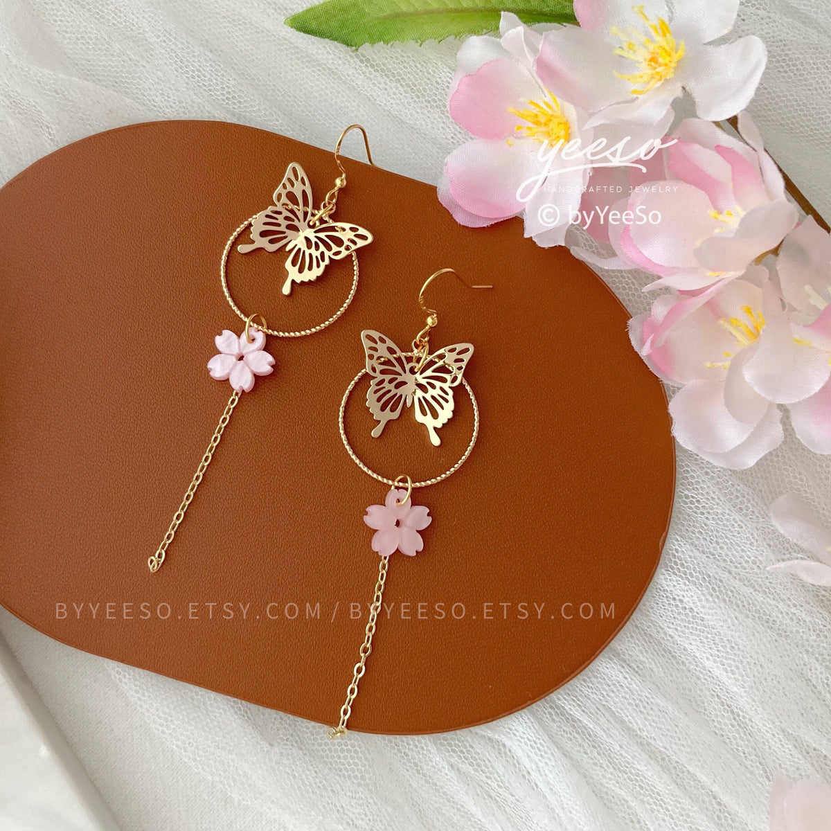 Gold Butterfly Cherry Blossom Earrings, Beautiful 18K Gold Plated Butterfly Long Drop Earrings