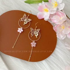 Gold Butterfly Cherry Blossom Earrings, Beautiful 18K Gold Plated Butterfly Long Drop Earrings