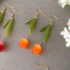 Tulip Floral Earrings, 3D Tulip flower dangle earrings, Purple Tulip Earrings, Unique Floral gift for her