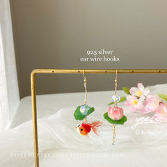 Lotus and Fish Earrings, Lily pad and Lotus flower dangle earrings, water lily Lotus earrings