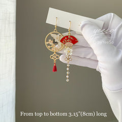 Crane and Fan Earrings with Cherry Blossom - Red Japanese Asymmetrical Fan unique earrings Dangle - Oriental earrings
