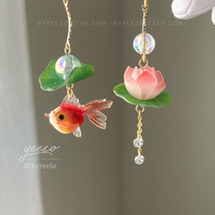Lotus and Fish Earrings, Lily pad and Lotus flower dangle earrings, water lily Lotus earrings