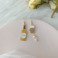 Beer bottle and beer mug earrings, red wine bottle and glass earrings, unique asymmetry Miniature Earrings
