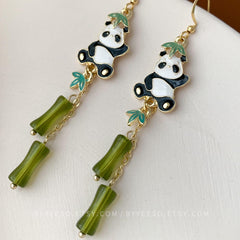 Bamboo and Panda Earrings, Japanese Fan Earrings, Bamboo Fan Earring, Unique Oriental Earrings
