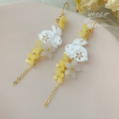 Yellow Osmanthus Blossom Earrings - Japanese rabbit bunny Earrings - Japanese Floral Earring - gold Osmanthus