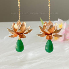 Lotus Earrings Flower Earrings - floral Dangle Drop Earrings - 3D flower - teardrop jade charm