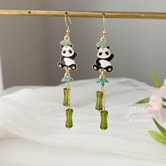 Bamboo and Panda Earrings, Japanese Fan Earrings, Bamboo Fan Earring, Unique Oriental Earrings