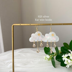 Rain Cloud Earrings Dangle - Fun white Cloud long drop earrings