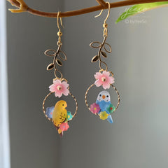 Cherry Blossom and Bird Earrings, Pink Sakura Floral Earrings, Japanese flower and bird earrings, unique dangle