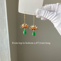 Lotus Earrings Flower Earrings - floral Dangle Drop Earrings - 3D flower - teardrop jade charm