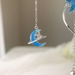 Moon Star Asymmetry Earring Dangle, Celestial Planet Earring, Universe Earring, Solar System Earring,  Saturn Earring, Novelty Gift for her