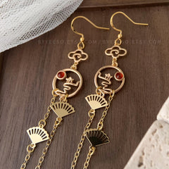 Cloud and Fan Long Drop Earrings, Japanese Fan unique earrings dangle, Cloud and Wave Earrings, Red Agate Oriental earrings