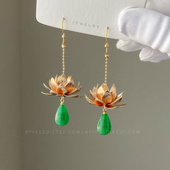 Lotus Earrings Flower Earrings - floral Dangle Drop Earrings - 3D flower - teardrop jade charm