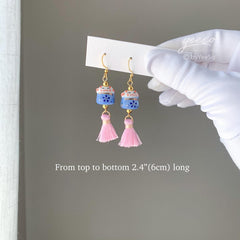 Kitty Cat and Tassel Earrings, Pink Cherry Blossom Tassel Earrings, Kitty Wind Chime Earring dangle