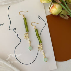 Green Bamboo Drop Dangling Earrings, Bamboo Handmade Earrings, unique dangle
