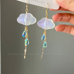 Rain Cloud Earrings Dangle - Fun white Cloud long drop earrings