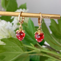 Tiny Strawberry Huggie hoops Earrings - Cute Creative Fruit Earrings - Handmade Earring Gift