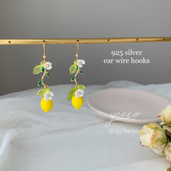 Lemon and Flower earrings - glass Lemon drop earrings - fruit drop earrings