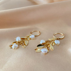 Nature-Inspired Gold Leaf Earrings with Pearls, Delicate Tree Branch Design Jewelry