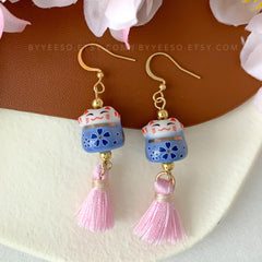Kitty Cat and Tassel Earrings, Pink Cherry Blossom Tassel Earrings, Kitty Wind Chime Earring dangle