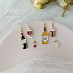 Beer bottle and beer mug earrings, red wine bottle and glass earrings, unique asymmetry Miniature Earrings