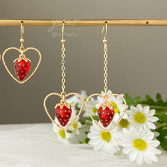 Strawberry Heart Drop Earrings -  Handmade Cute Strawberry Fruit Earrings - Unique Earrings gift for her