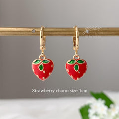 Tiny Strawberry huggie hoops Earrings, Strawberry Heart Charm Pendant, Cute Berry Fruit Earrings