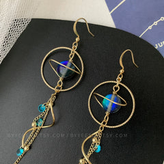 Planet Earrings Dangle - Universe statement earrings - Galaxy Long Drop Earrings - Unique dangle