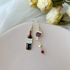Beer bottle and beer mug earrings, red wine bottle and glass earrings, unique asymmetry Miniature Earrings