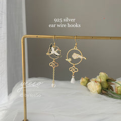 Crane Earrings with White Clouds and Waves - Sun and Cloud Japanese Asymmetrical Asymmetrical unique earrings Dangle - Oriental earrings