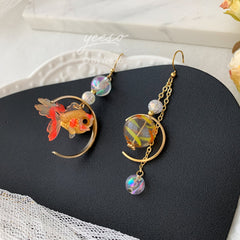 Goldfish and Bubble Dangle Earrings - fish earrings - Unique Dangle