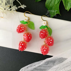 Strawberry Floral Earrings, Unique Strawberry drop Earrings, Cute Fruit Earrings, Creative Berry Earrings Gift, Handmade Berry Earring