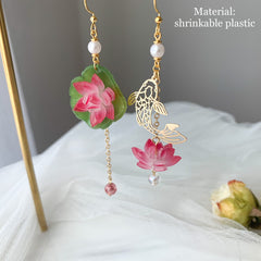 Lily pad and Lotus flower dangle earrings, water lily Lotus earrings, Lotus and fish Earrings, Pink Lotus Flowers on Lotus Leave