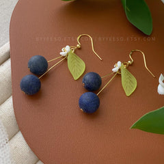 Blueberry Dangle Earrings, Glass Fruit Dangle Earrings, Berry Drop Earrings, Fruit Jewelry Gift For Her