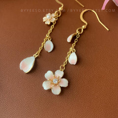 Pink Cherry Blossom Asymmetry Earrings - Japanese Sakura Flower Earrings - Cherry Blossom Earrings - Unique Floral Earrings Dangle