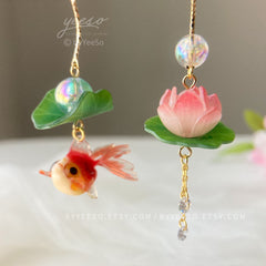 Lotus and Fish Earrings, Lily pad and Lotus flower dangle earrings, water lily Lotus earrings