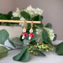 red mushroom and flower huggie drop earrings - cute magical mushroom fun unique dangle earrings