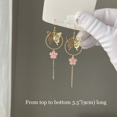 Gold Butterfly Cherry Blossom Earrings, Beautiful 18K Gold Plated Butterfly Long Drop Earrings