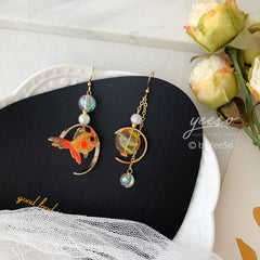Goldfish and Bubble Dangle Earrings - fish earrings - Unique Dangle