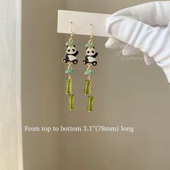 Bamboo and Panda Earrings, Japanese Fan Earrings, Bamboo Fan Earring, Unique Oriental Earrings