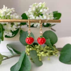 Tiny Strawberry Huggie hoops Earrings - Cute Strawberry Charm Fruit Earrings - Unique Handmade Fruit Earring Gift
